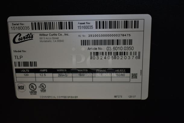 Label on Curtis TLP brewer shows specs: 120 Volts, 12.5 Amps, 1500 Watts, 1 Phase. Serial No. 15160035. NSF and UL listed.