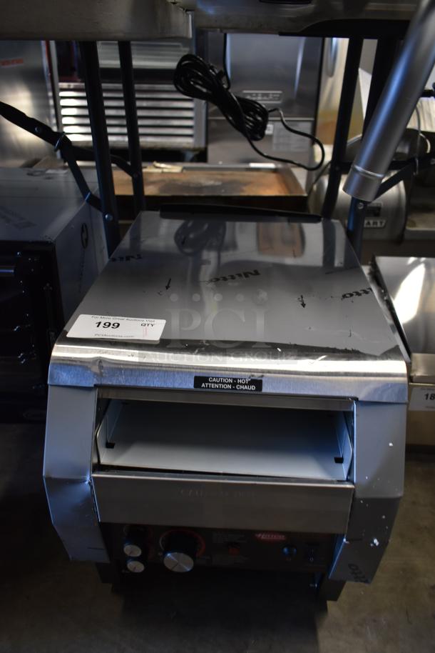 Brand new Hatco TQ-800HBA stainless steel conveyor toaster, scratch and dent, 3" opening, 208V, 1 phase, model label visible.