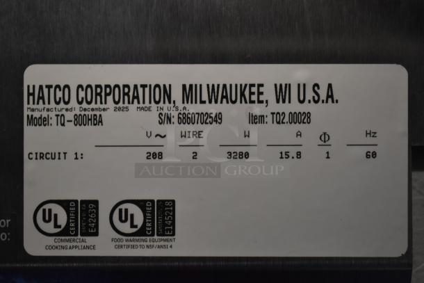 Hatco TQ-800HBA label, outlining specs: 208V, 1 phase, 3" opening; UL certified commercial toaster, December 2025.