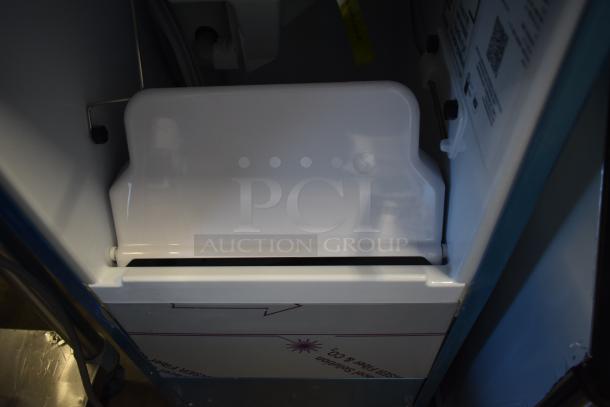 Brand new Hoshizaki AM-50BAK stainless steel undercounter ice machine, holds 27 lb. of top hat cubes, 54 lb. capacity.