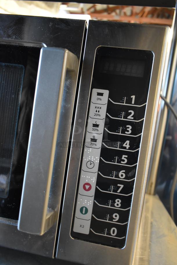 2017 Amana RCS10TS stainless steel commercial microwave with push button controls, 120V, 1 phase. Good condition.