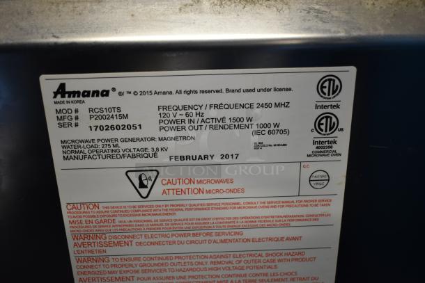 2017 Amana RCS10TS stainless steel commercial microwave, stackable, push button controls, 120 volts, label with specs shown.