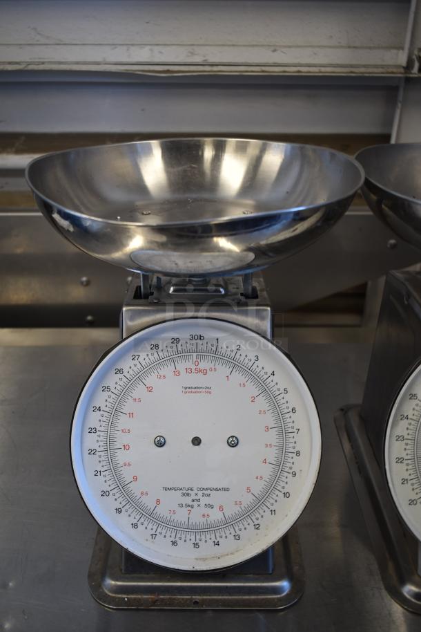 Cardinal Detecto SCS30 30 lb. solar-powered hanging scale with stainless steel pan, temperature-compensated dial.