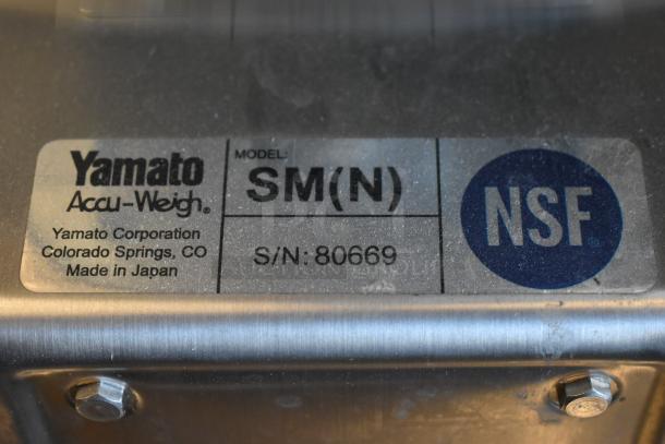 Yamato Accu-Weigh model SM(N) label showing S/N: 80669, NSF certification, made in Japan by Yamato Corp, Colorado Springs.