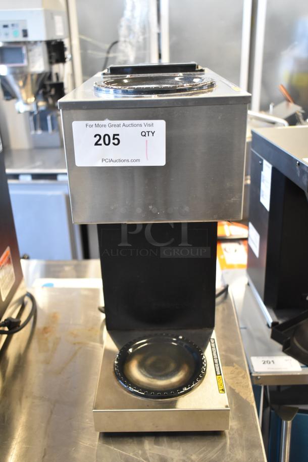2021 Bunn VPR Black 12 Cup Pourover Coffee Brewer with 2 warmers, 2 decanters, visible auction tag, excellent condition.
