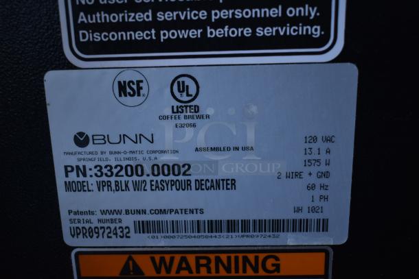 Label on Bunn 33200.0002 VPR Coffee Brewer. Features NSF and UL certifications. Model info and serial number shown.