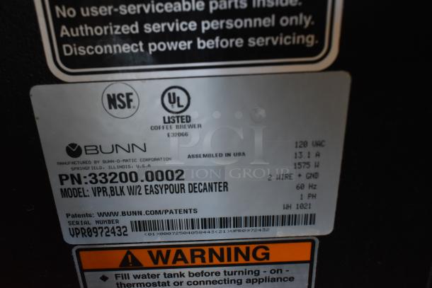 Bunn 33200.0002 VPR Coffee Brewer label, showing NSF and UL certifications. Includes model, power specs, and warning notice.