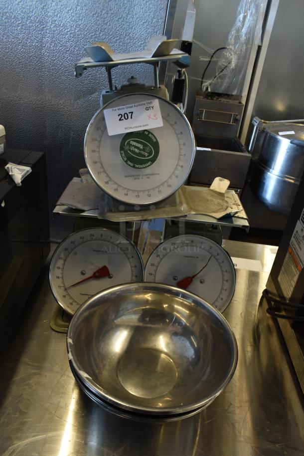 Three metal countertop scales with weighing bowls, featuring analog dials with red pointers. Condition is used, marked "207 x3".