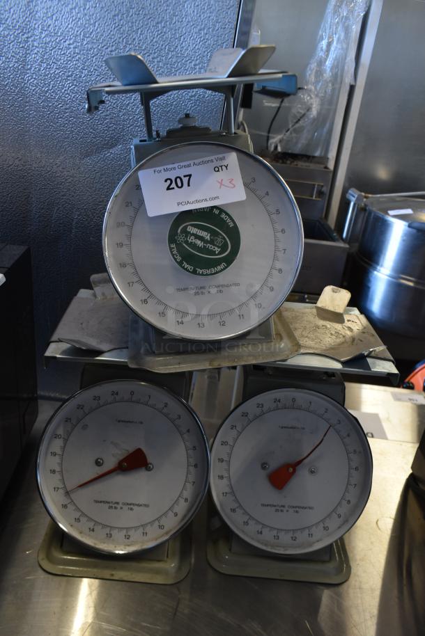 Three Vintage Yamato Metal Countertop Scales, temperature compensated, capacity 25 lb x 1 lb, includes auction tag #207.