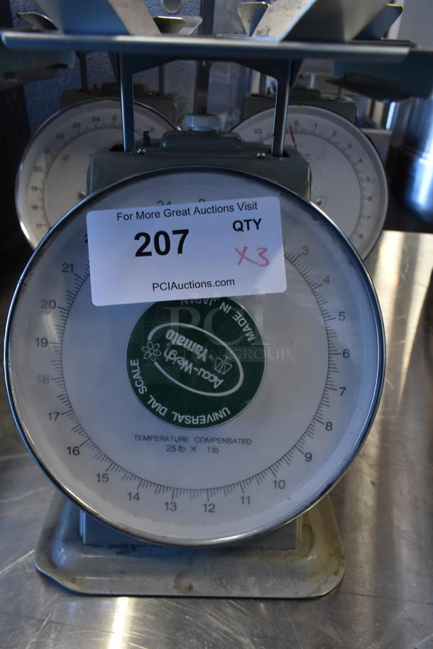 Three metal countertop scales by Ad-Way Yamato, 25 lb capacity, universal dial, temperature compensated, used condition, label "207 X3".