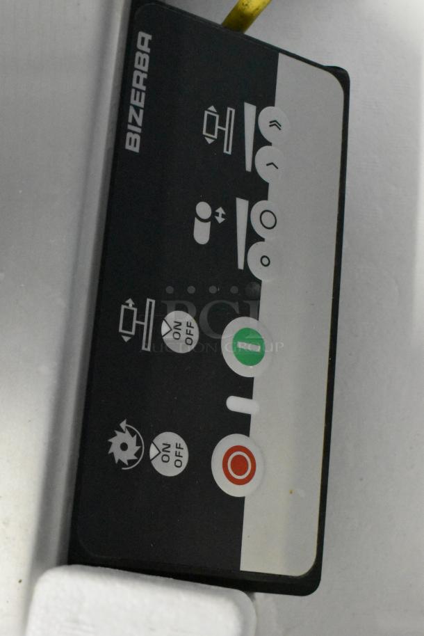 2023 Bizerba GSP HD commercial meat slicer with controls, showing 120V, 1 phase specs. Excellent condition.