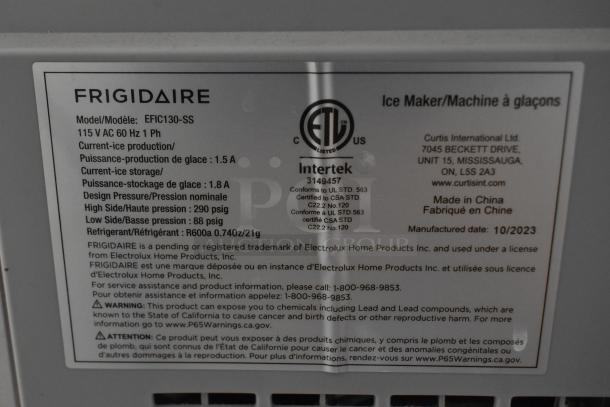 Frigidaire EFIC130-SS countertop ice maker label; includes 115V, 60Hz, design pressure, refrigerant info, and contact details.