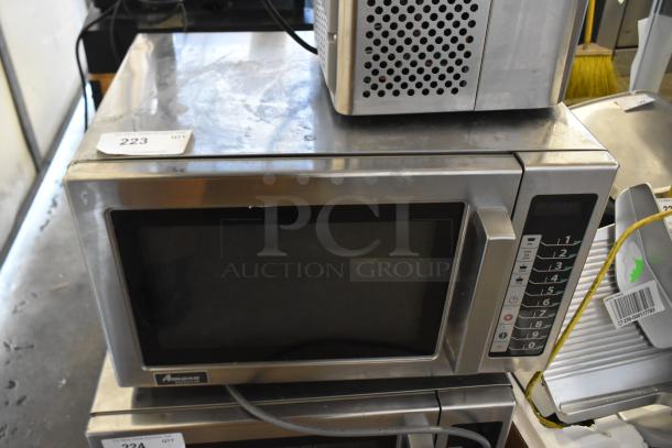 2021 Amana RCS10TS stainless steel commercial microwave oven, 120V, used condition, numeric keypad, sleek design.
