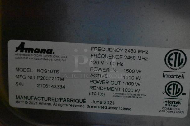 2021 Amana RCS10TS stainless steel commercial microwave, 120V, 1 phase, 1500W input, ETL-certified, model label shown.