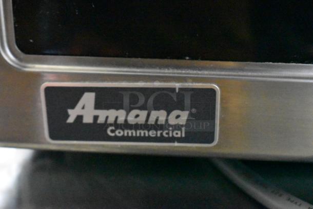 2021 Amana RCS10TS stainless steel commercial microwave, visible "Amana Commercial" label, 120 volts, 1 phase.