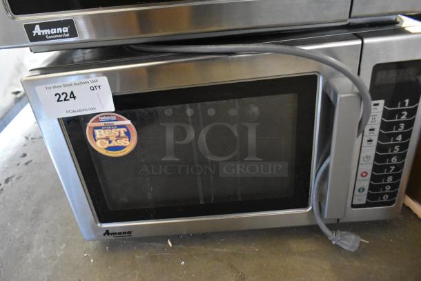 2018 Amana RCS10TS stainless steel commercial countertop microwave oven, 120 volts, with "Best in Class" label attached.