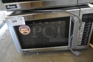 2018 Amana RCS10TS stainless steel commercial countertop microwave oven, 120 volts, with "Best in Class" label attached.