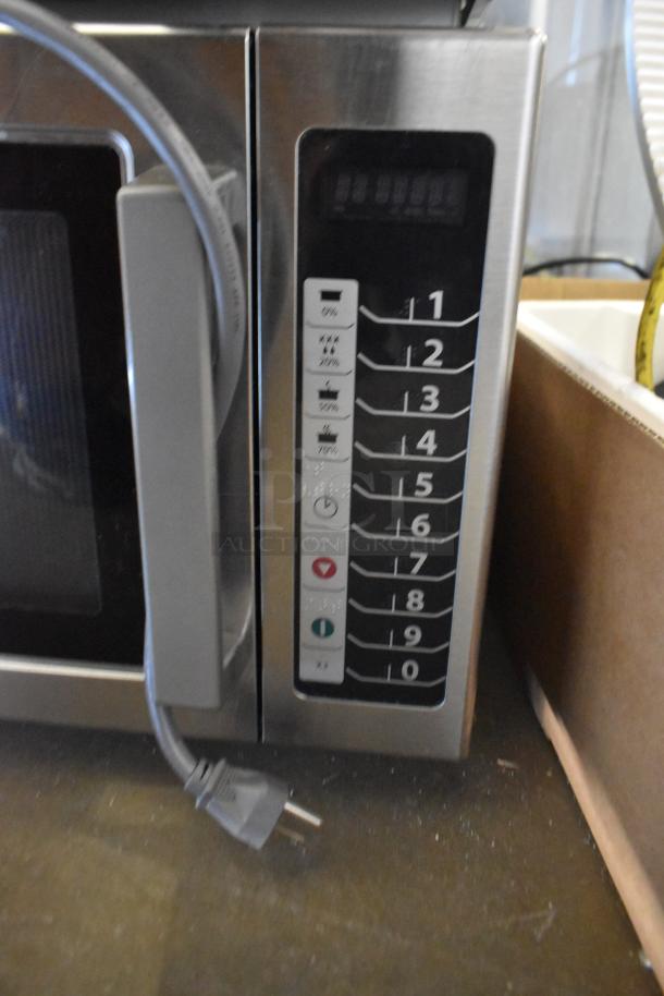 2018 Amana RCS10TS stainless steel commercial microwave, 120V, keypad controls, lightly used, model visible.