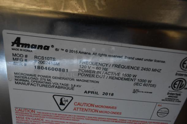 2018 Amana RCS10TS stainless steel commercial countertop microwave, 120V, 1 phase, model label with specifications shown.