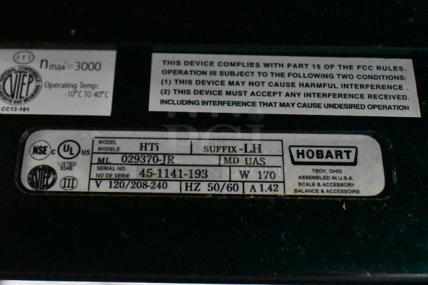 2016 Hobart HTi-LH metal commercial scale, model info label visible, 120/208-240V, stock photo used, missing power cord.