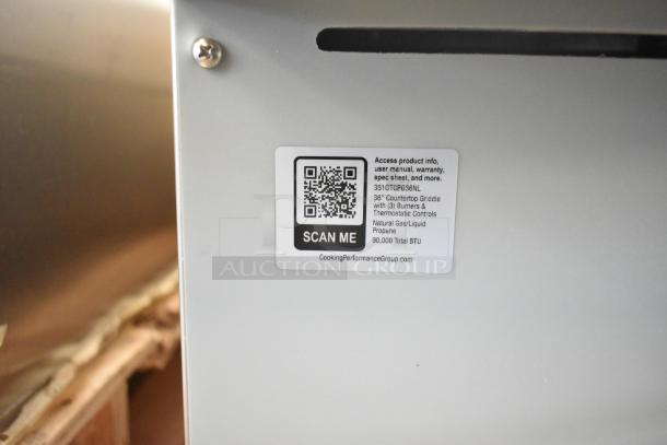 BRAND NEW CPG 351GTCPG36NL stainless steel griddle, natural gas, thermostatic controls, 90,000 BTU. Label with QR code.