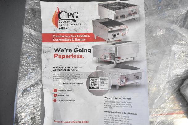 Cooking Performance Group 351GTCPG36NL stainless steel commercial griddle brochure, highlighting QR code access for product literature.