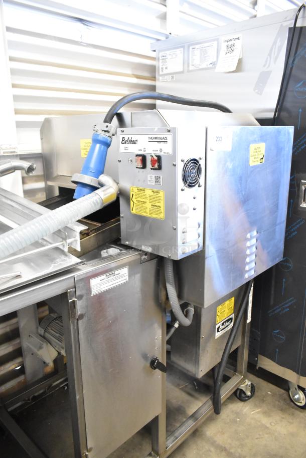 Belshaw TG-50 stainless steel thermoglazing station on casters, 208V, 1 phase. Features control panel and safety labels.