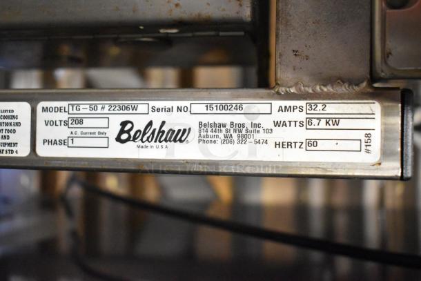 Belshaw Adamatic TG-50 Thermoglazing Station label showing 208 volts, 1 phase, 32.2 amps, 6.7 kW.
