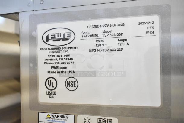 FWE TS-1633-36P stainless steel insulated pizza cabinet, 120V, UL and NSF certified, made in USA, serial 25A295802.