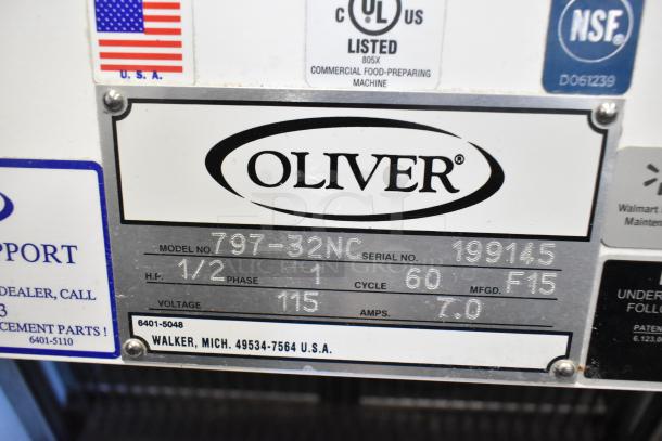 Oliver 797-32NC bread loaf slicer label, model 797-32NC, 115V, 1 phase, 7 amps, made in USA, NSF certified.