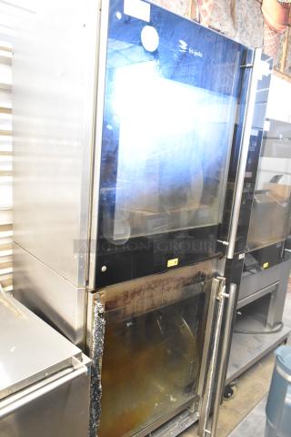 Fri-jado TDR7+7 P electric rotisserie ovens, stainless steel, bottom oven with broken glass, 208V, 3-phase.