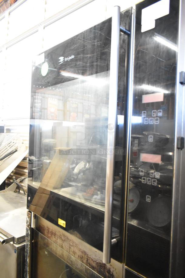 2 Fri-jado TDR7+7 P rotisserie ovens, stainless steel, electric, 208V, 3 phase, visible broken glass on bottom oven.