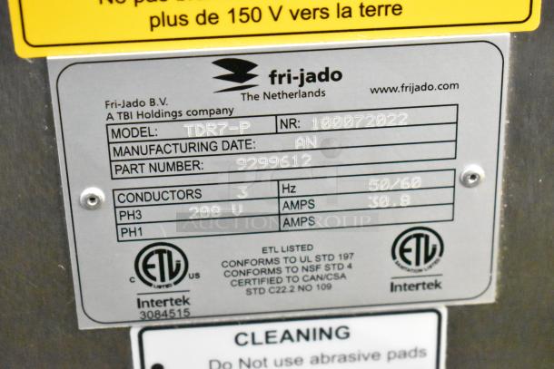 Fri-jado TDR7-P stainless steel rotisserie oven label, shows model, serial number, 208V, 3-phase power info.