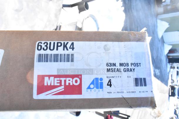 Cardboard box with Metro logo contains 63-inch gray post labeled 63UPK4, quantity 4, made in Mexico.