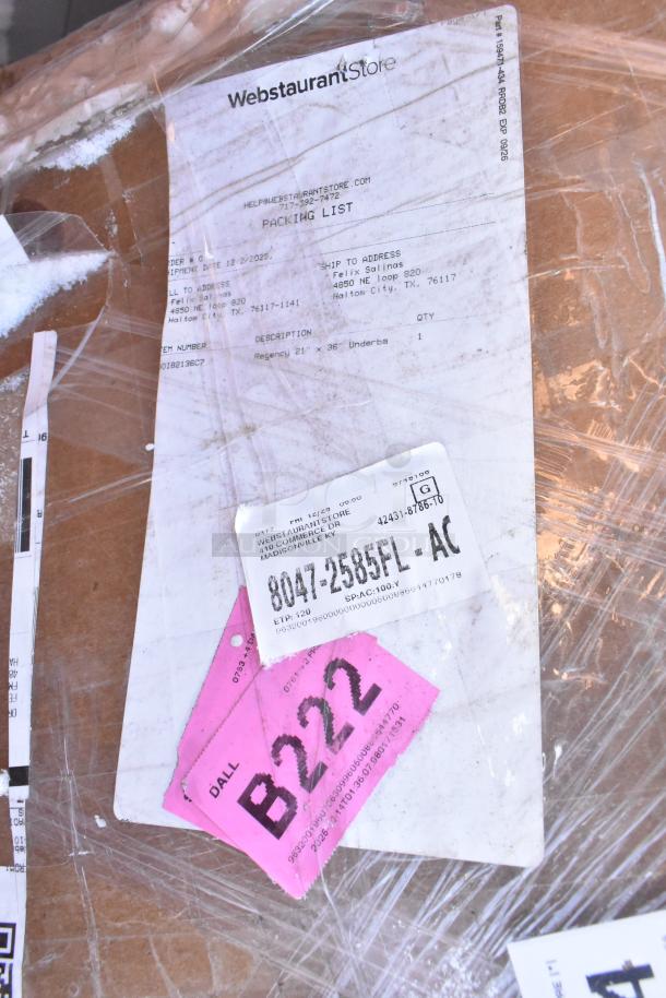 WebstaurantStore packing list with item description and labels for auction, featuring new scratch and dent items.