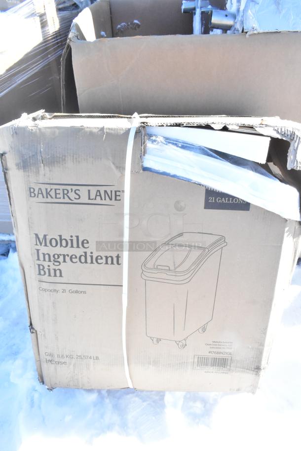 Baker’s Lane Mobile Ingredient Bin, 21-gallon, in packaging. New condition, minor box damage. Includes bins, sneeze guard.