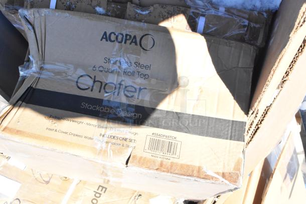 Acopa stainless steel 6-quart roll top chafer box, showing wear. Includes inset, cover, water pan, fuel holder, and stand.