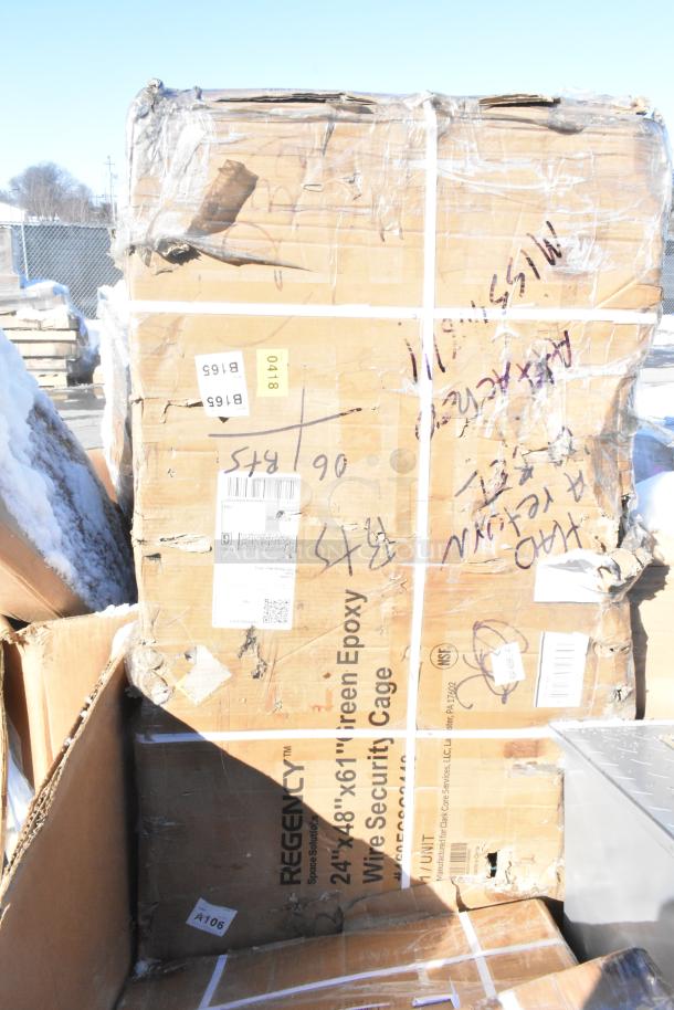 Large cardboard boxes labeled "Regency 24"x48"x61" Green Epoxy Wire Security Cage" with visible scratches and dents.