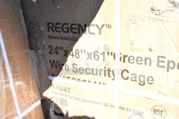Regency 24"x48"x61" Green Epoxy Wire Security Cage box showing scratches and dents. Contains Clark Core Services branding.