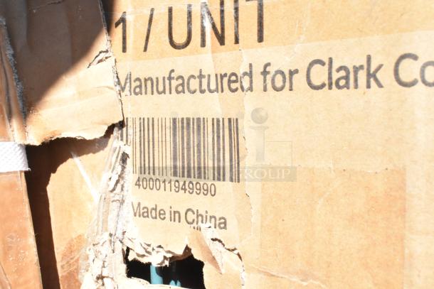Damaged cardboard box with visible barcode 400011949990, marked "Manufactured for Clark County" and "Made in China."