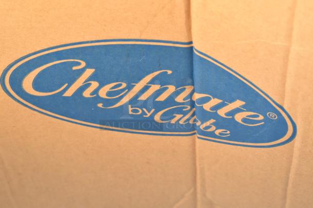 Brown cardboard box with "Chefmate by Globe" logo in blue, containing 12 scratch and dent kitchen items, including a fryer and chafer.
