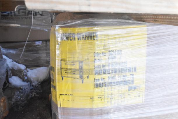 Brand new Hatco food warming drawer in packaging. Visible label shows model number HDW-1, made in USA.