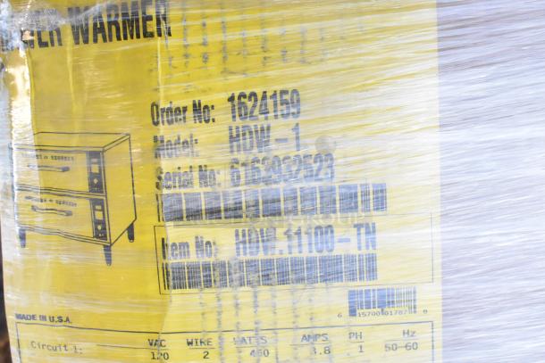 Hatco Food Warming Drawer packaging showing order 1624159, model HDW-1, and serial 636302523. "Made in U.S.A." visible.