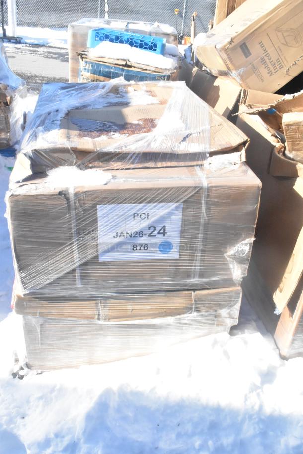 Five boxed "Scratch and Dent" items wrapped in plastic, including dirty dish tables and cake pans, labeled "JAN26-24 PCI 876."