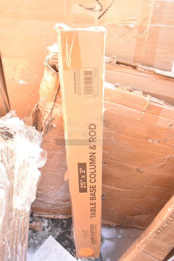 Box labeled "25'' x 3'' Table Base Column & Rod" from Lancaster Table & Seating, part of 12 new scratch and dent items.