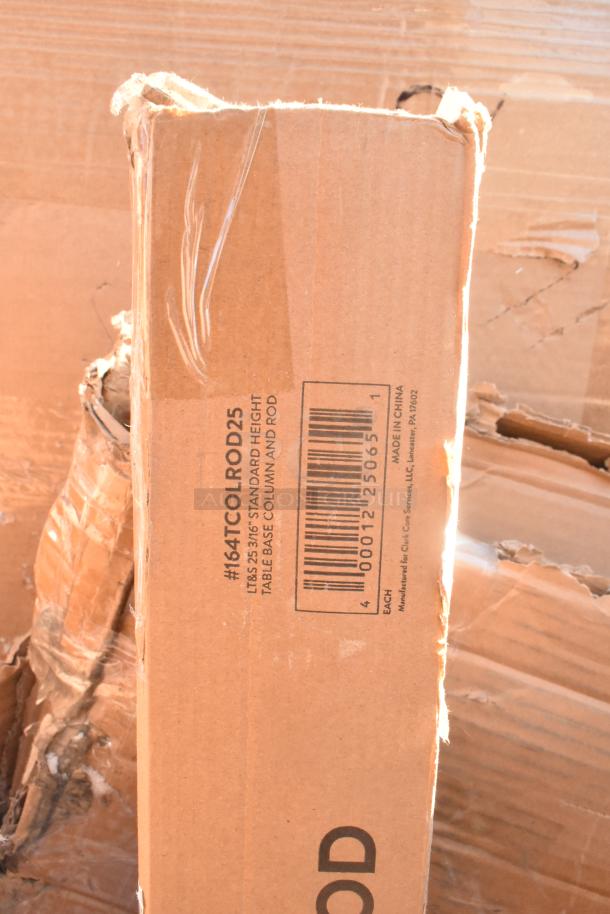 Cardboard box labeled #164TCOLROD25, indicates standard height table base column and rod, slightly damaged. Made in China.
