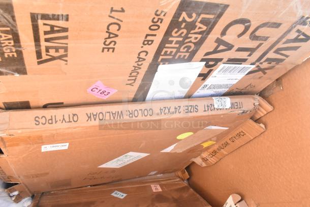 Cardboard boxes labeled "Lavex Utility Cart" and "Size: 24x42, Color: Walnut" with various tags and barcodes visible.