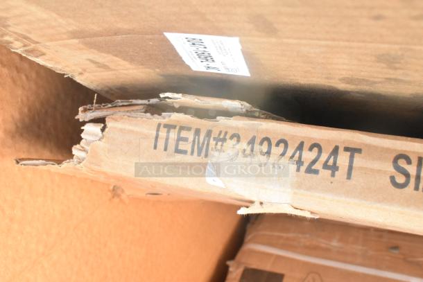 Cardboard box with item number 3492424T indicating contents of 12 scratch and dent items, including sink and bar stool.