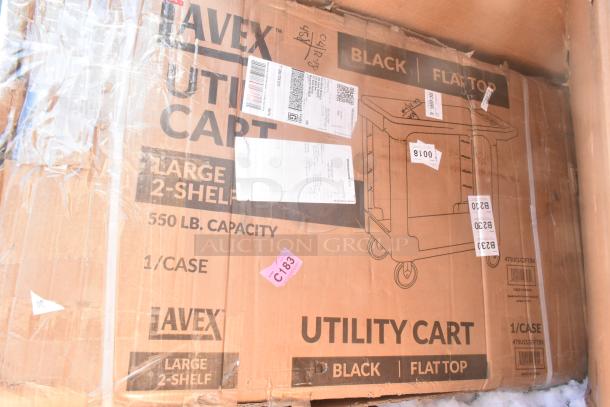 Box containing a Lavex utility cart, large 2-shelf, black, with 550 lb capacity, showing shipping labels and stickers.