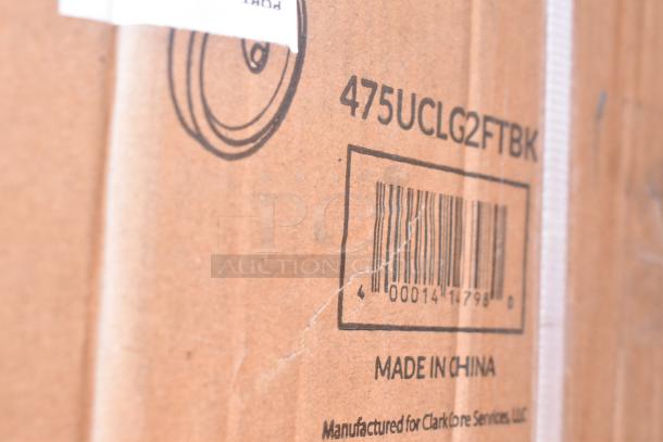 Cardboard box with visible barcode and model number 475UCLG2FTBK, labeled "Made in China" for Clark Core Services, LLC.
